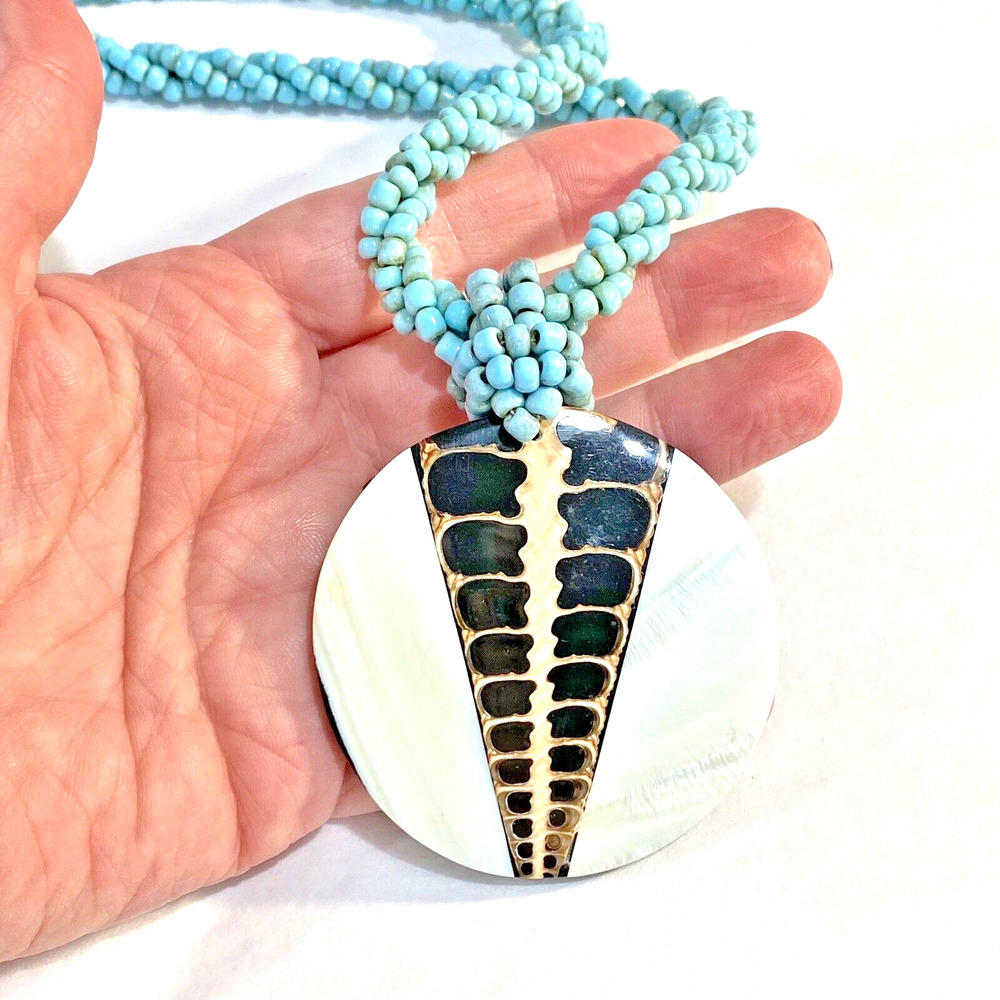 Unique Blue Beaded Necklace Carved MOP Shell Pendant tribal beachy Boho collar - Picture 5 of 7